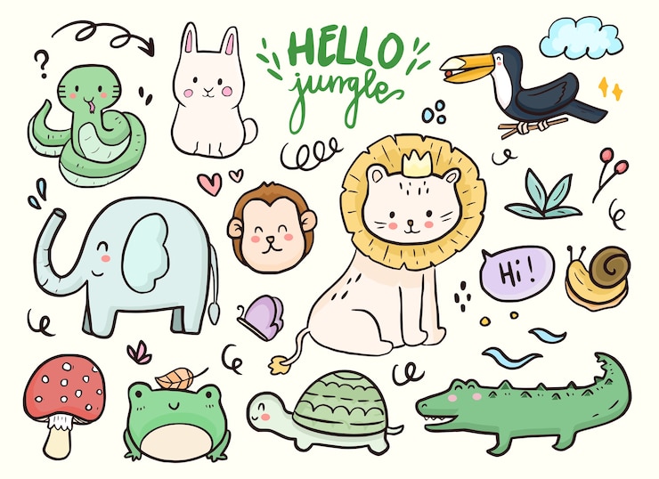 Vector set of cute jungle animal of lion, bird, elephant baby animal cartoon