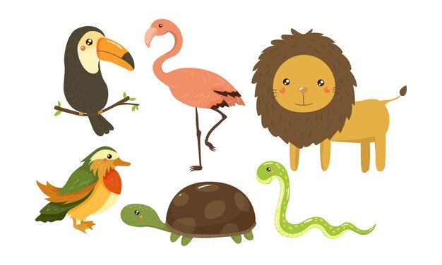 Vector set of cute jungle animals and birds african fauna wildlife theme graphic elements for children room decor or mobile game colorful vector illustrations in flat style isolated on white background