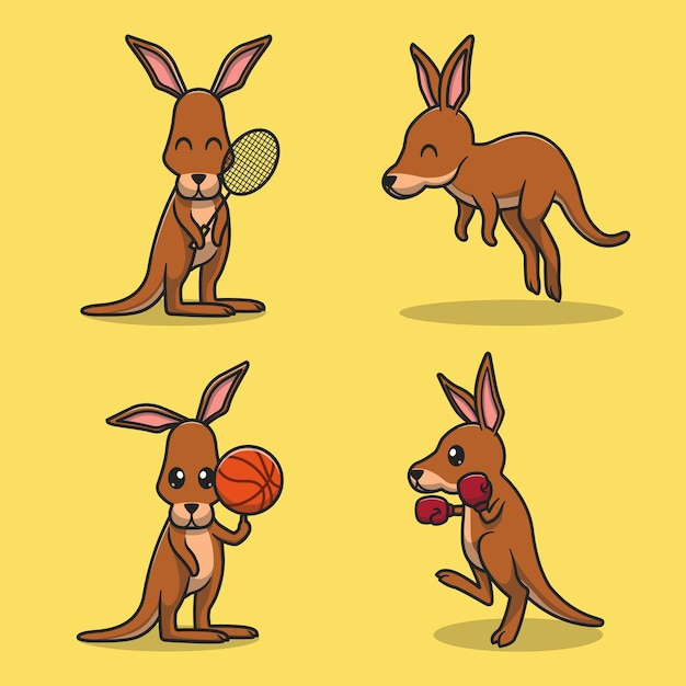 Set of cute kangaroo cartoon flat illustrations