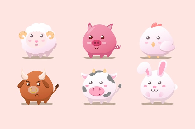 set of cute kawaii barn farm animal cartoon vector illustration