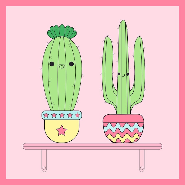 Vector set of cute kawaii cartoon cactus