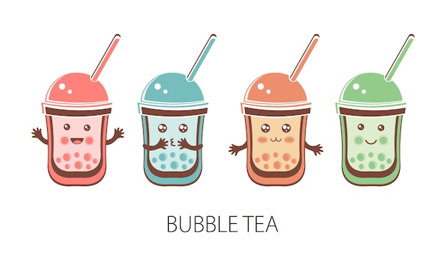 Set perle kawaii nere di tapioca con simpatici personaggi. bubble tea. personaggio dei cartoni animati divertente della palla tapioca o boba. tè boba, bevanda taiwanese. prodotto asiatico. illustrazione piatta