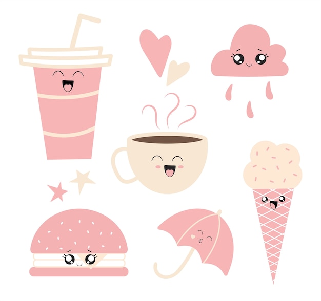 Vector set of cute kawaii characters in pink and yellow tones on a white background