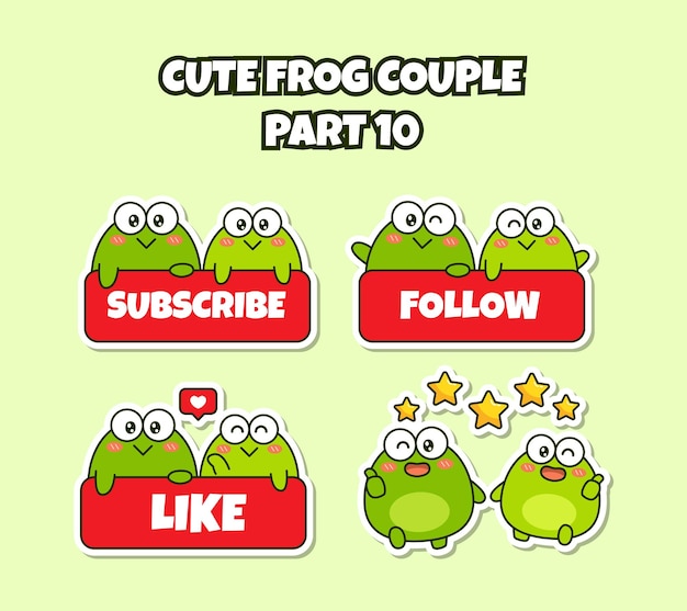 Set of cute kawaii couple little frog sticker emoji subscribe follow like perfect emoticon