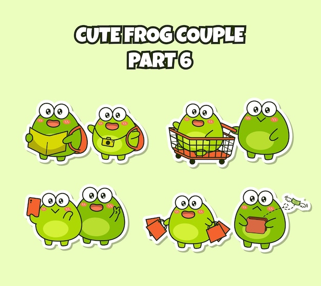 Vector set of cute kawaii couple little frog sticker emoji traveling shopping selfie no money emoticon