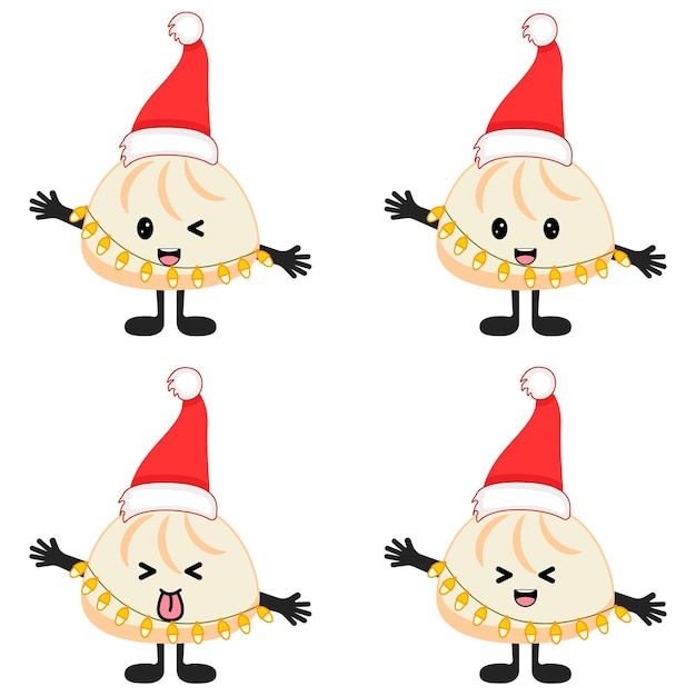 Set of Cute kawaii dumpling with Santa Claus hat, garland with lights, eyes, smile emoji, hands