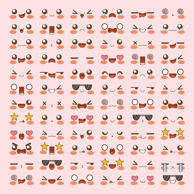 set of cute kawaii emoticon face eyes and mouth in different expression