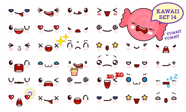 Set of cute kawaii emoticon face and sweet candy kawaii