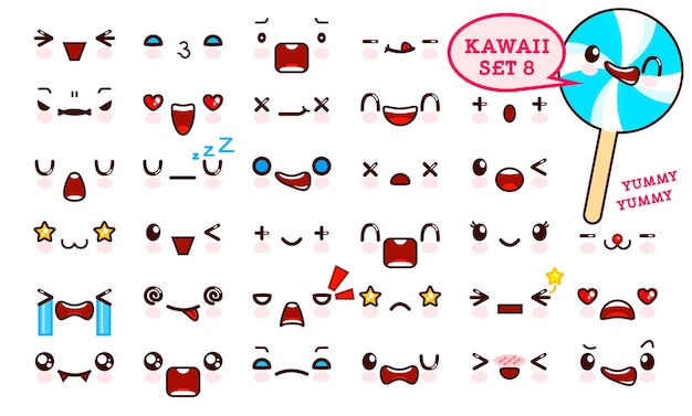 Set of cute kawaii emoticon face and sweet candy on a stick kawaii