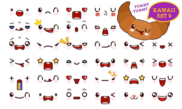 Vector set of cute kawaii emoticon face and sweet croissant kawaii.