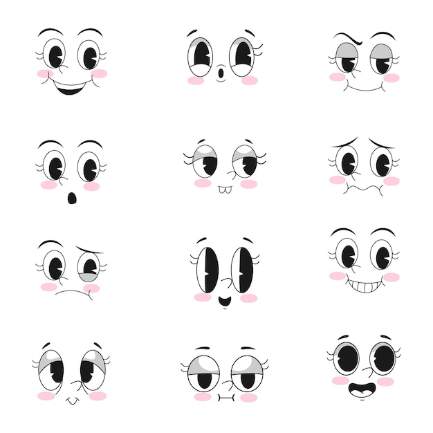 Vector set of cute kawaii expressions cartoon faces set black and white eyes manga comic cartoon eyes