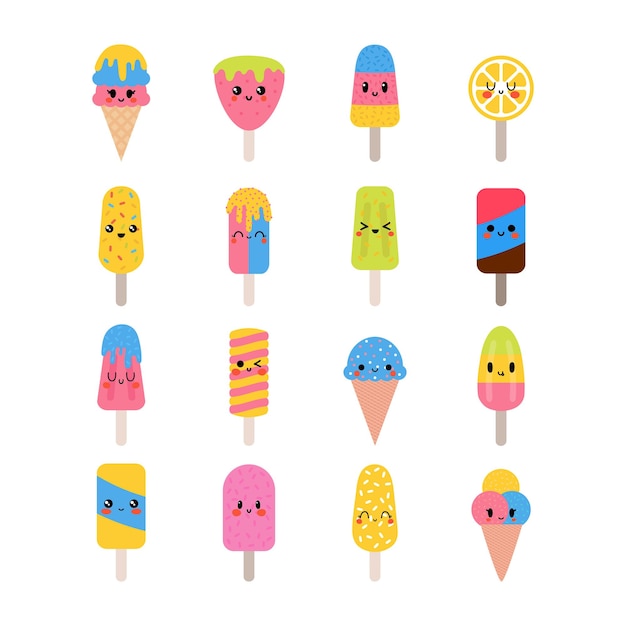 Set of cute kawaii ice cream characters Cartoon lovely ice cream in waffle cones Summer sweets