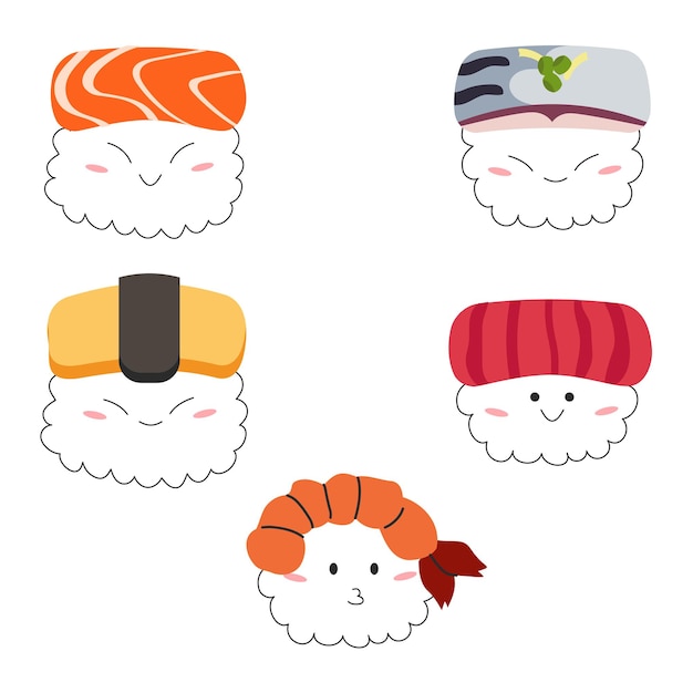 Set of cute kawaii nigiri with seafood in cartoon style