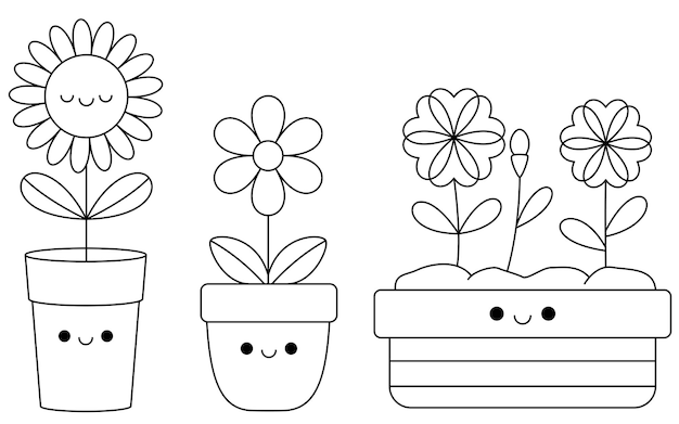 Vector set of cute kawaii pot of flower cartoon character coloring page vector illustration