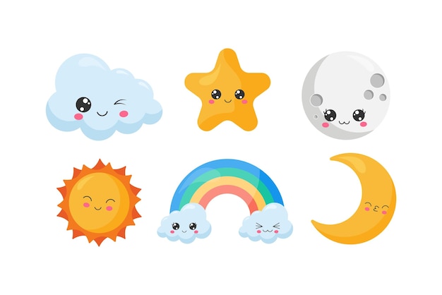 Vettore set di simpatici oggetti del cielo kawaii. il set contiene oggetti carini come nuvole, arcobaleno, stelle, luna.