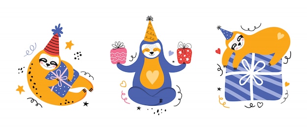 Impostare simpatico bradipo kawaii ad una festa. orso del fumetto con regali e altri articoli per le vacanze. biglietto di auguri o banner per un compleanno. illustrazione piatta