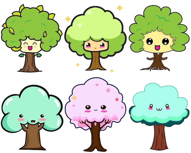 Set of Cute Kawaii Trees