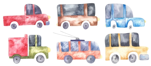 Set di simpatiche auto per bambini, autobus, camion, illustrazioni ad acquerello