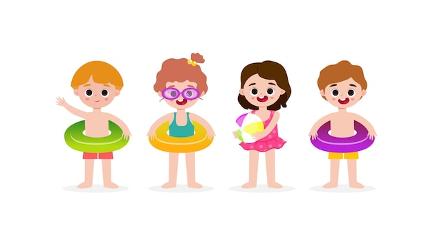 Set Of Cute Kids cartoon Pool party characters Multiracial children wearing swimming suits