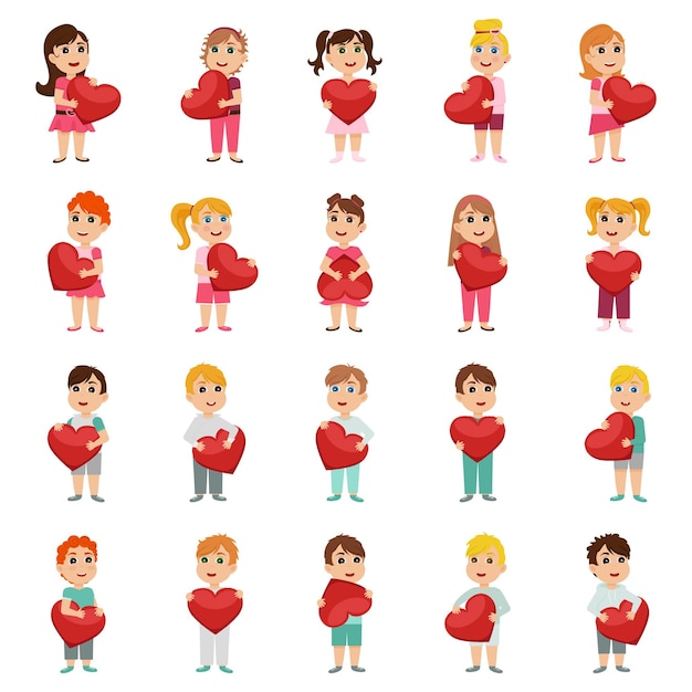 Vector set of cute kids characters with paper red hearts in hands