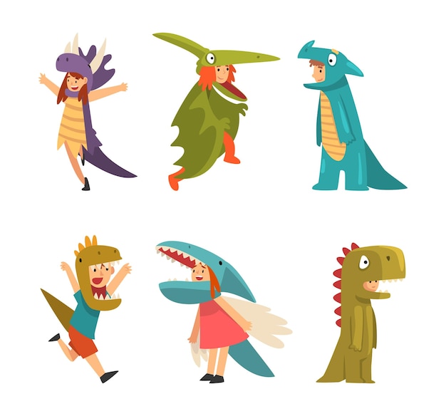 Set of cute kids in costumes of dinosaurs Happy boys and girls dressed for carnival party cartoon vector illustration