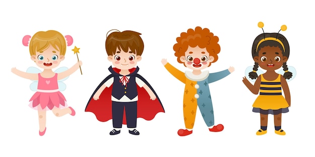 Vector set of cute kids in halloween costume cartoon dressed up children collection