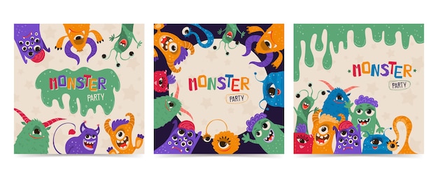 Set cute kids monsters in cartoon style. party invitation template with funny characters.