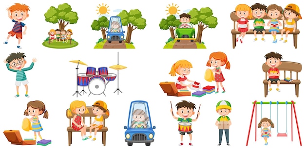 Vector set of cute kids and objects