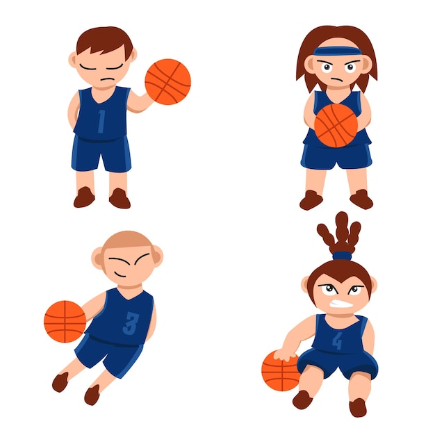 Vector set of cute kids playing basketball with blue uniform