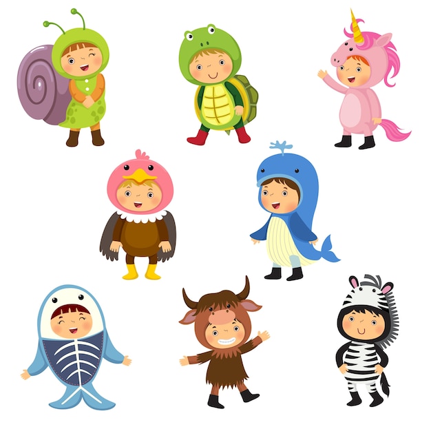 Set of cute kids wearing animal costumes