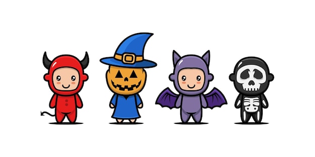 ハロウィン衣装デザインアイコンイラストとかわいい子供たちのセット