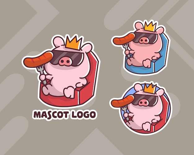 Set of cute king pig sausage mascot logo with optional appearance.