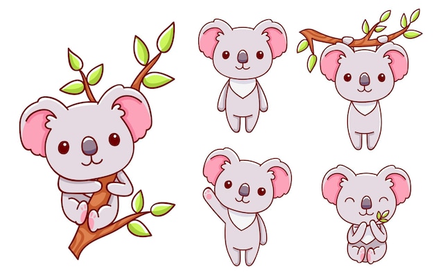 Set of cute koala in various poses, vector illustration, cartoon style