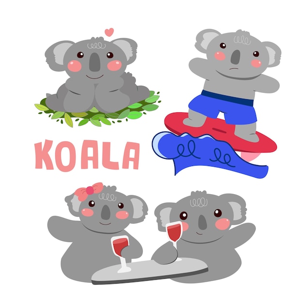 Vettore set di simpatici koala in varie azioni.