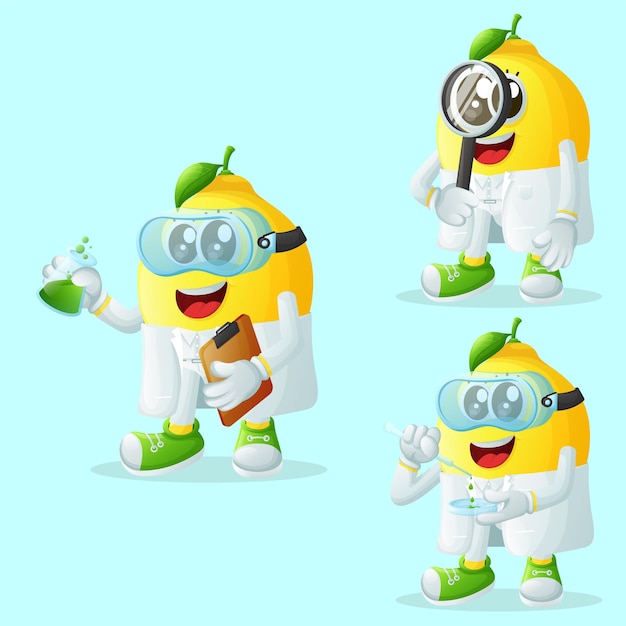 Vettore set di simpatici personaggi di limone come scienziati perfetto per la promozione di articoli per bambini e banner adesivi