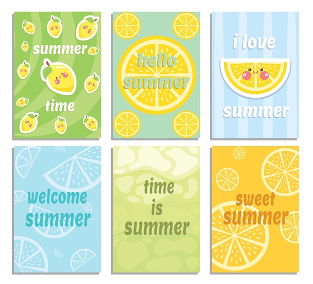 set of a cute lemon fruits summer card collection