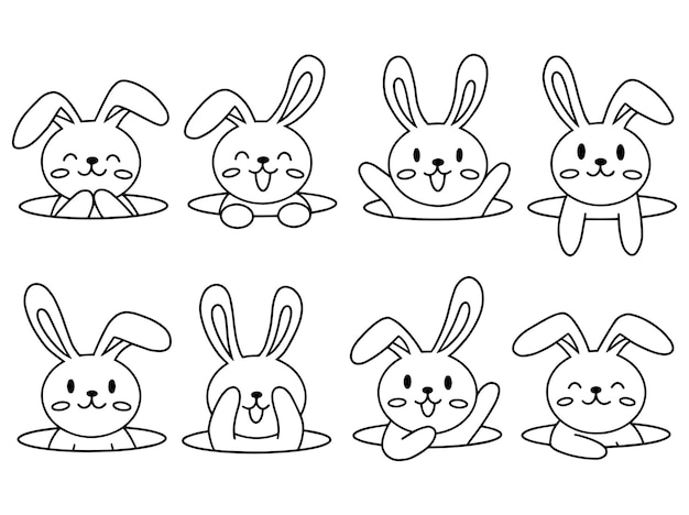 Set di cute line art rabbit per la primavera e la pasqua