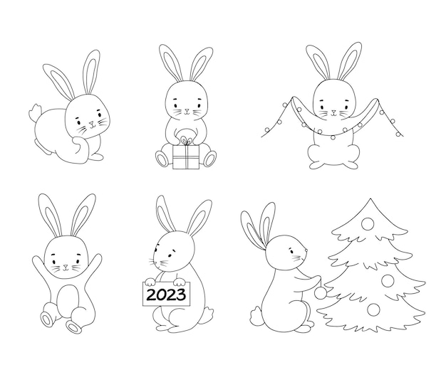 Vettore set di simpatici conigli di linea in diverse pose simbolo vettoriale del nuovo anno 2023 isolato su bianco coniglietto con albero di natale e regalo per bambino da colorare