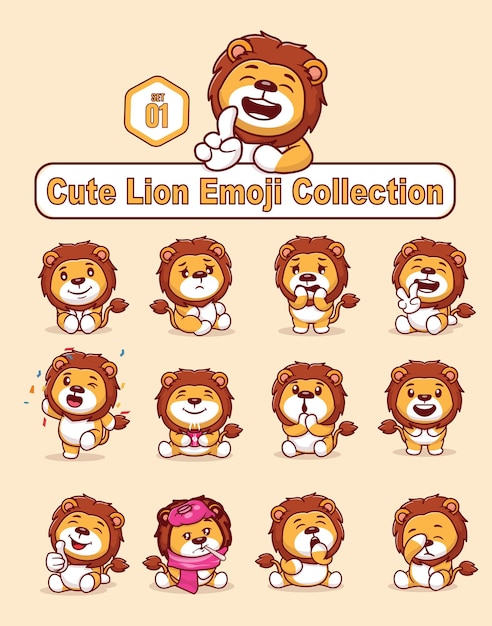 Набор милых львиных персонажей с разными смайликами