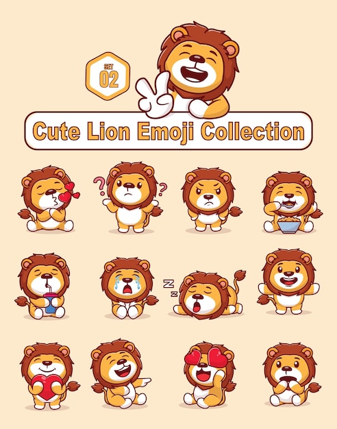 Set di simpatici personaggi leone con diverse emoticon