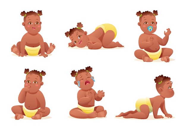 Set of cute little african american baby girl with diaper in various poses and situations