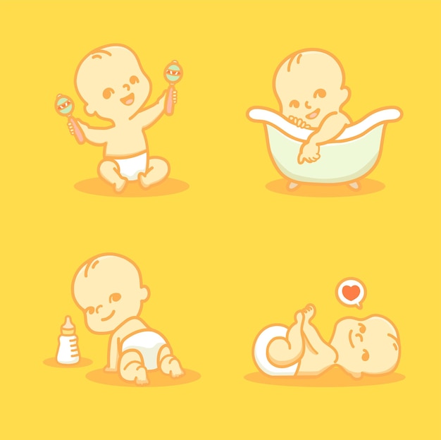 Set of cute little baby in diaper. Baby sleep, sit, crawl and take a bath.Cartoon vector illustration.