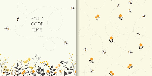 Set of cute little bees happy on the flowers garden with seamless pattern