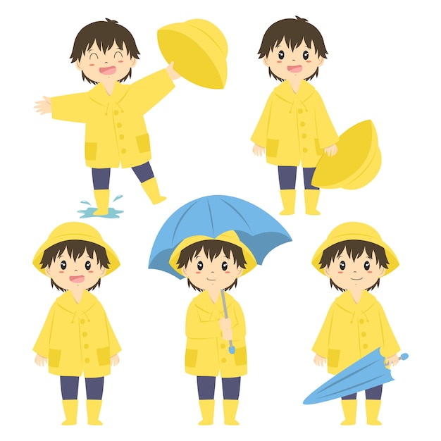 Vector set of cute little boy in yellow raincoat