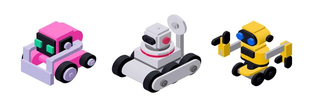 Set of cute little cartoon robots in isometry Vector illustration