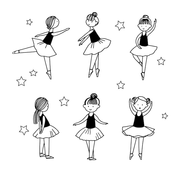 Set of cute little dancing ballerina characters in ballet skirts simple linear vector  illustration