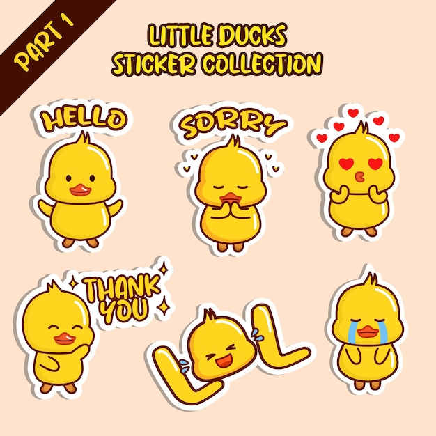 Vector set of cute little duck sticker collection hello sorry love thank you lol cry emoticon