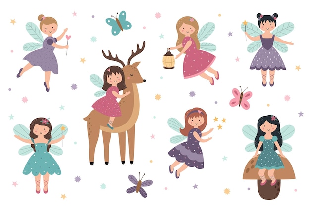 A set of cute little fairies magical fairytale characters vector illustration