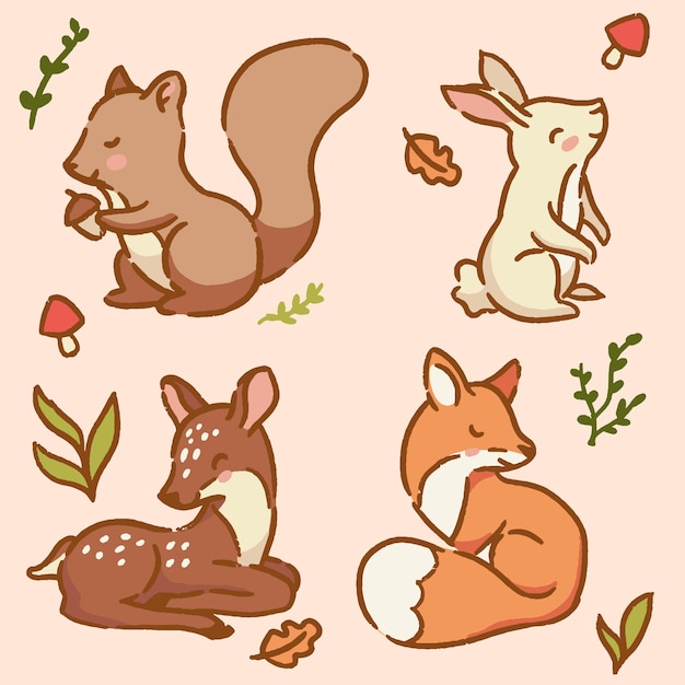 Vector set of cute little forest animals in autumn