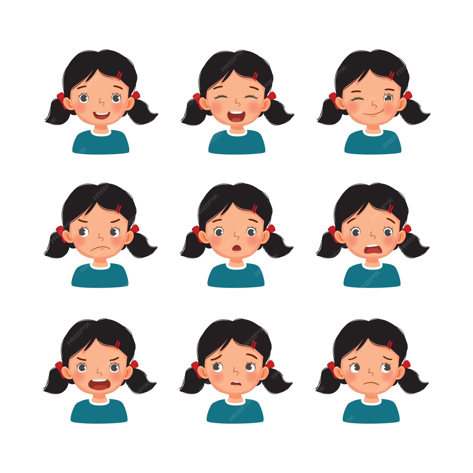 Little girl scared face expression, set of cartoon vector